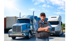 Truck driver standing in front of trucks